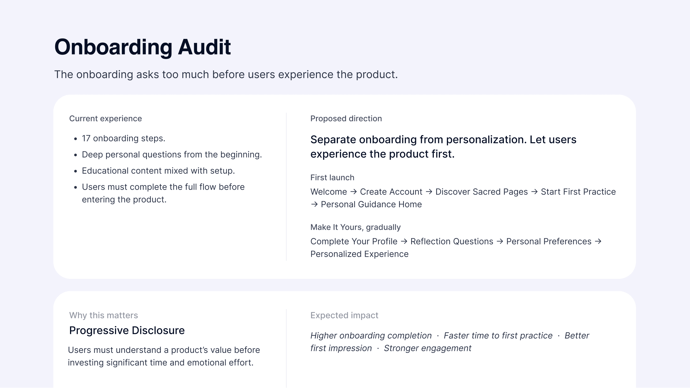 Onboarding audit · current experience and proposed direction