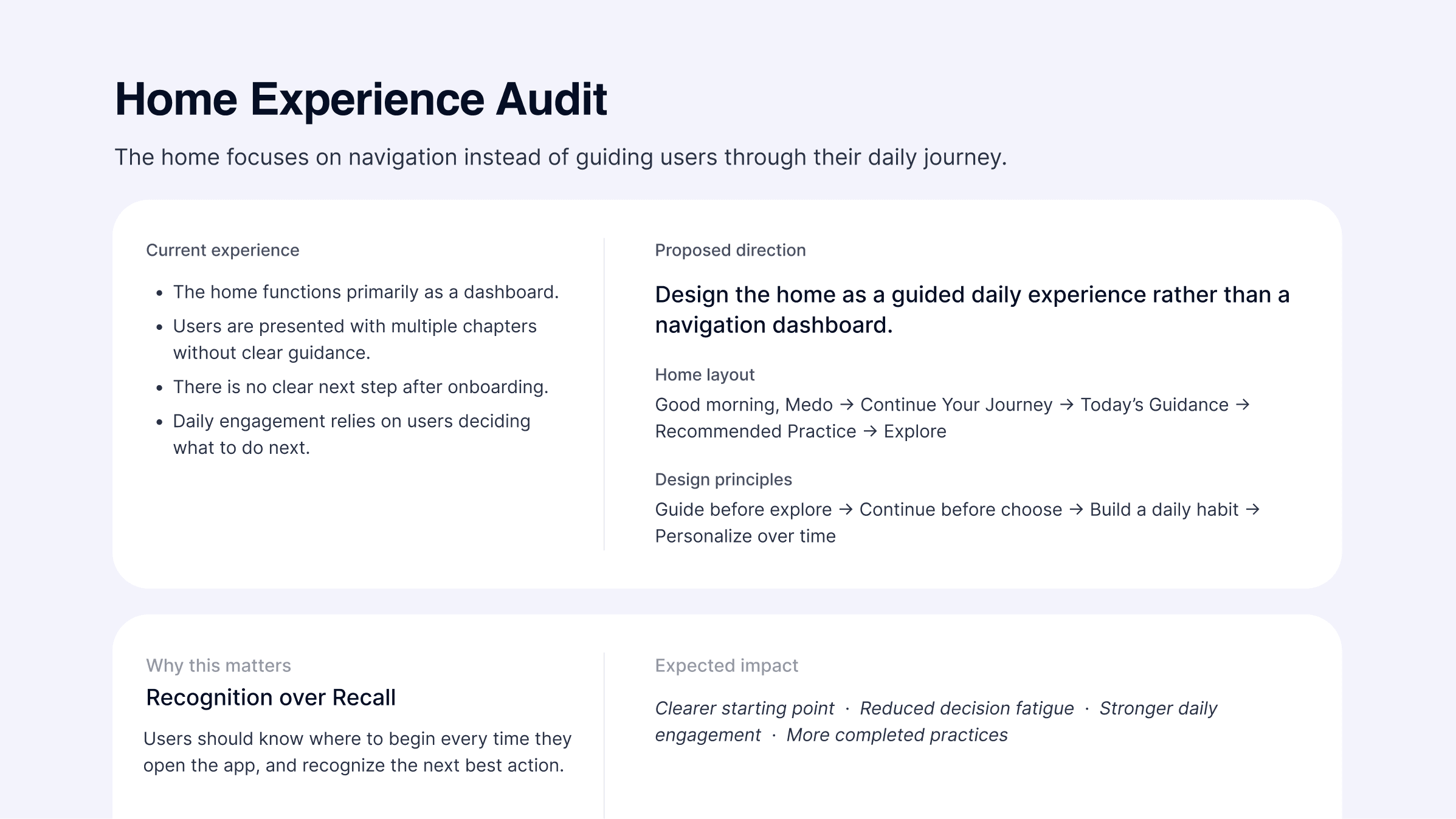 Home experience audit · current experience and proposed direction
