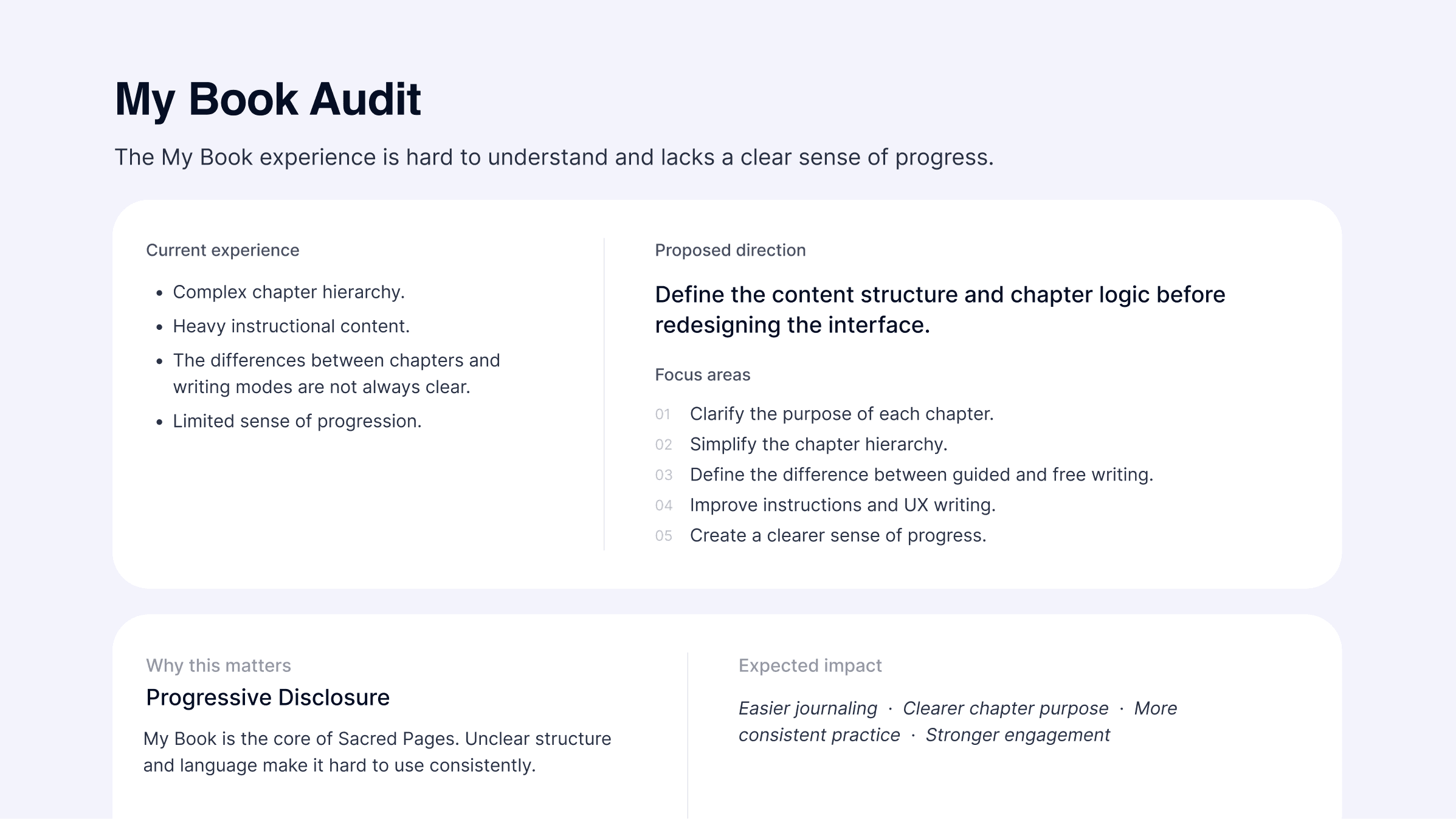 My Book audit · current experience and proposed direction
