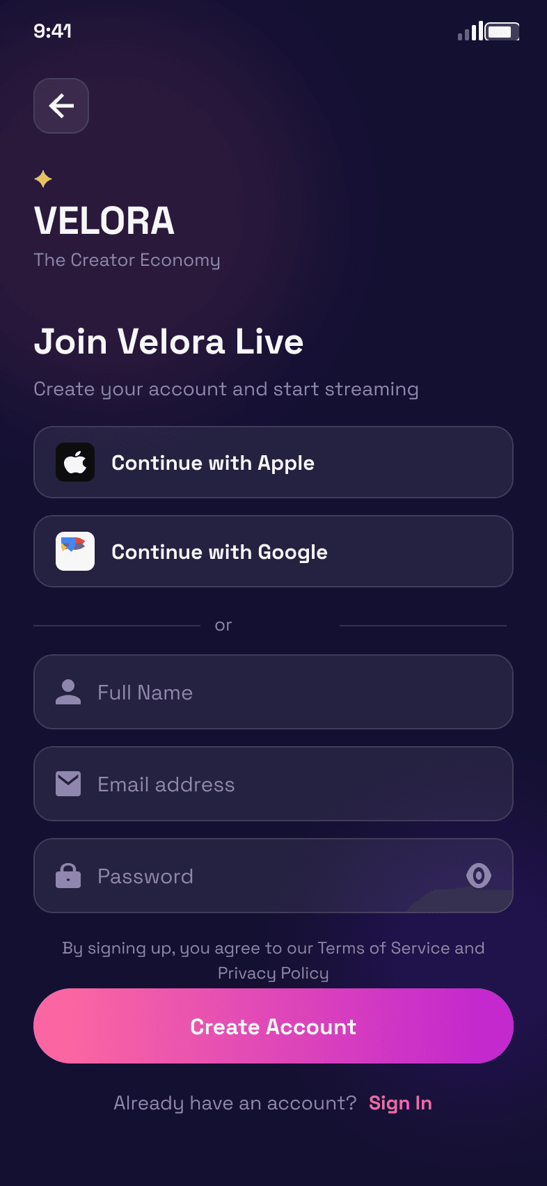 Velora create account screen