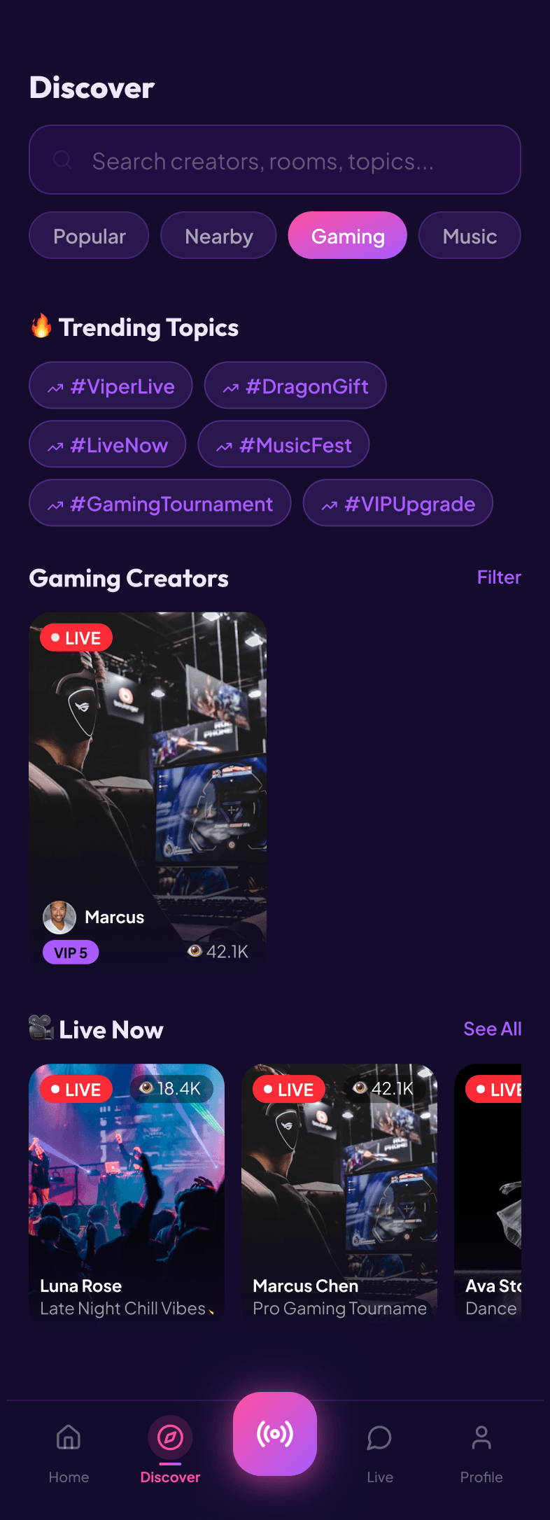 Velora gaming category screen