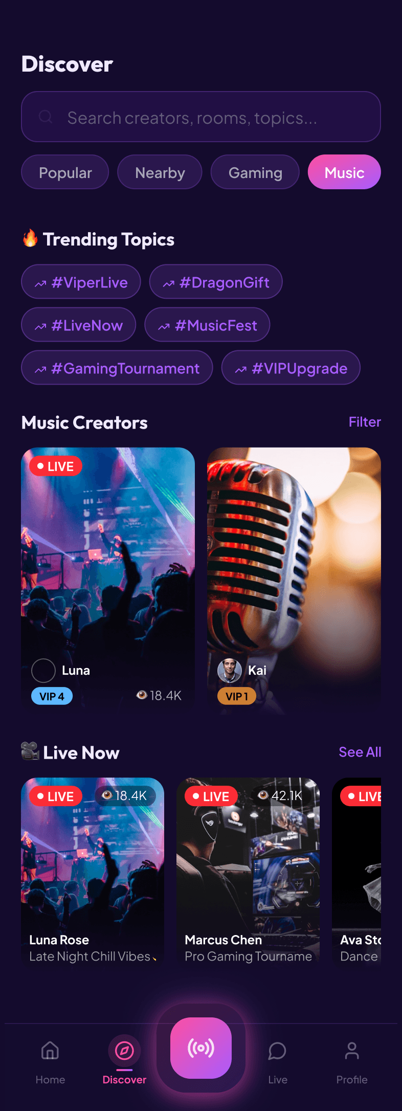 Velora music category screen