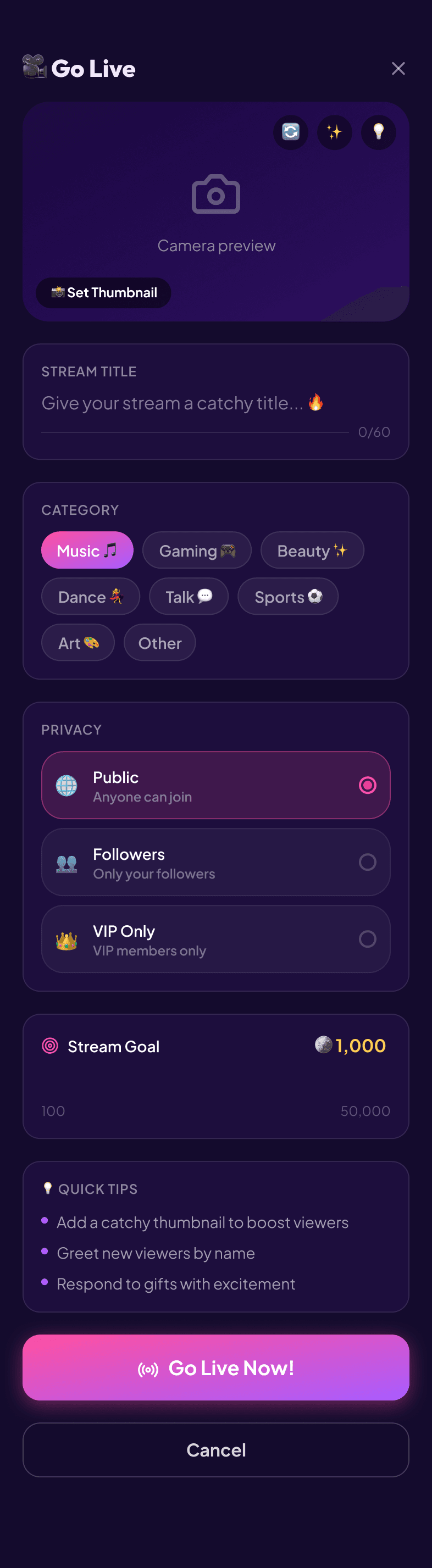 Velora go live screen with stream title, category, privacy and stream goal