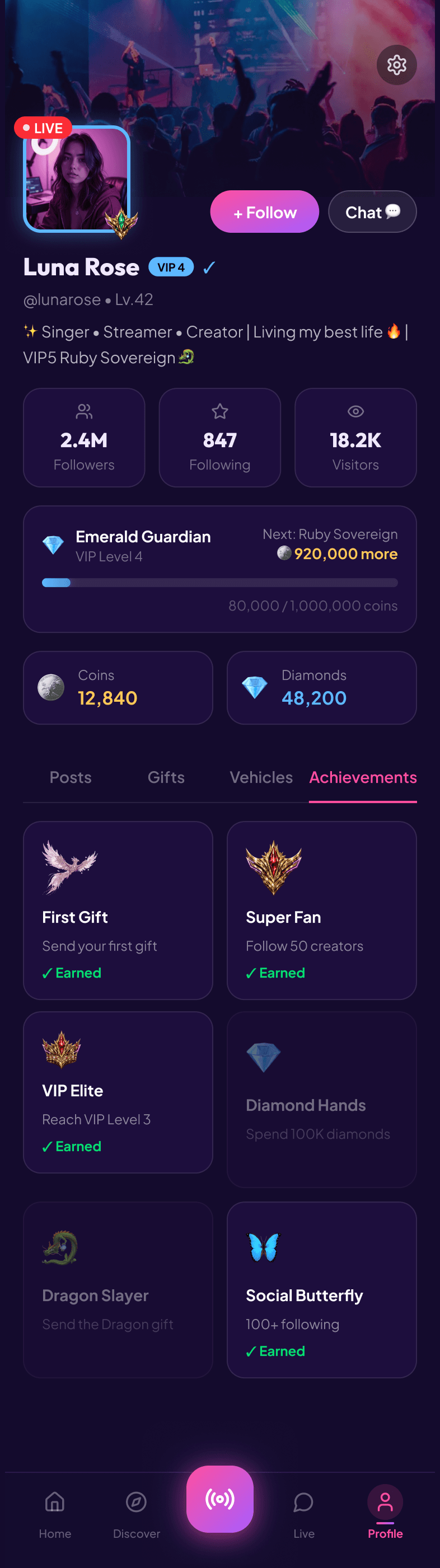 Velora profile achievements screen