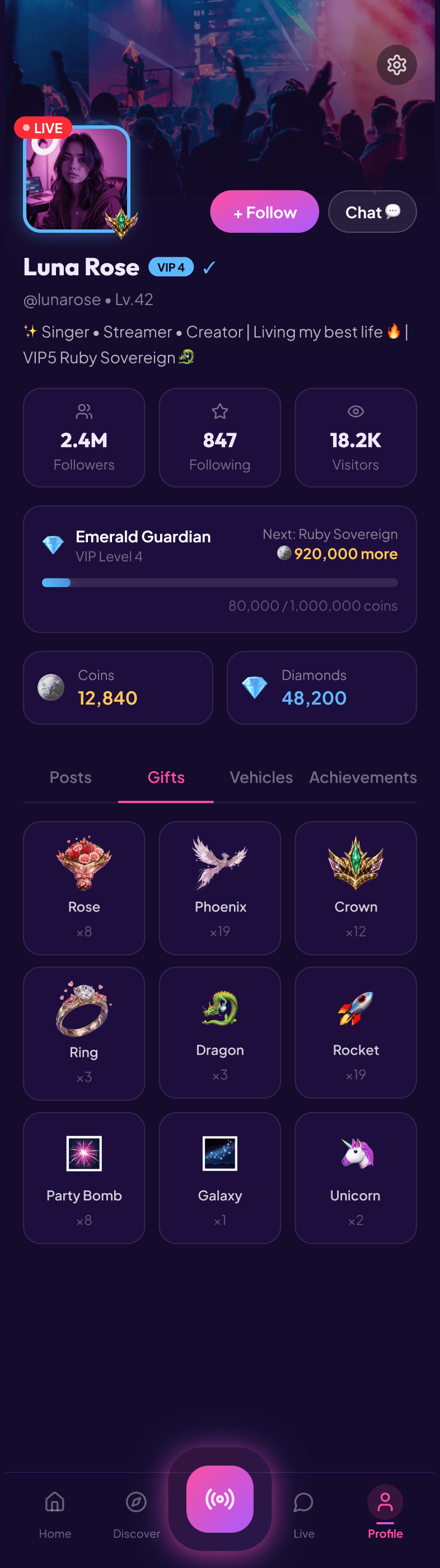 Velora profile gifts screen