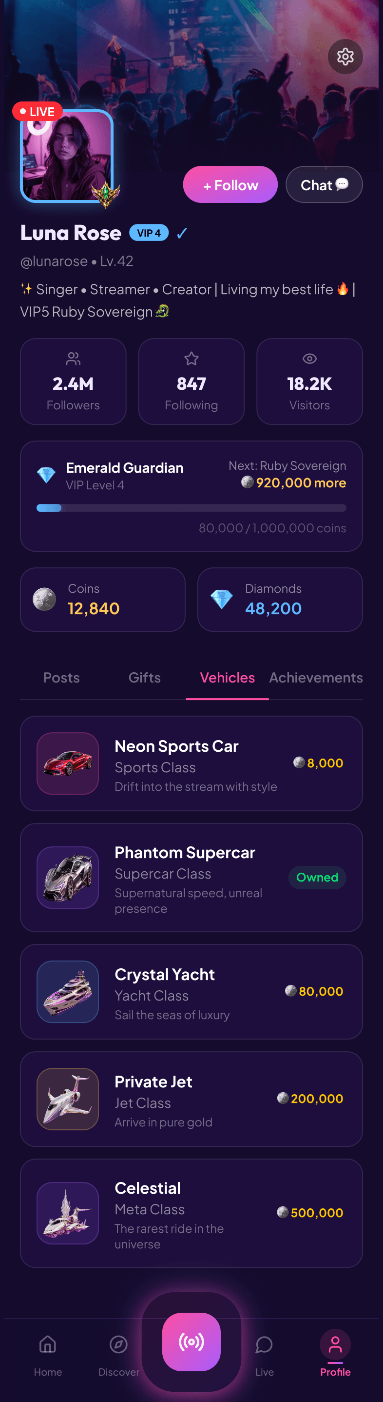 Velora profile vehicles collection screen
