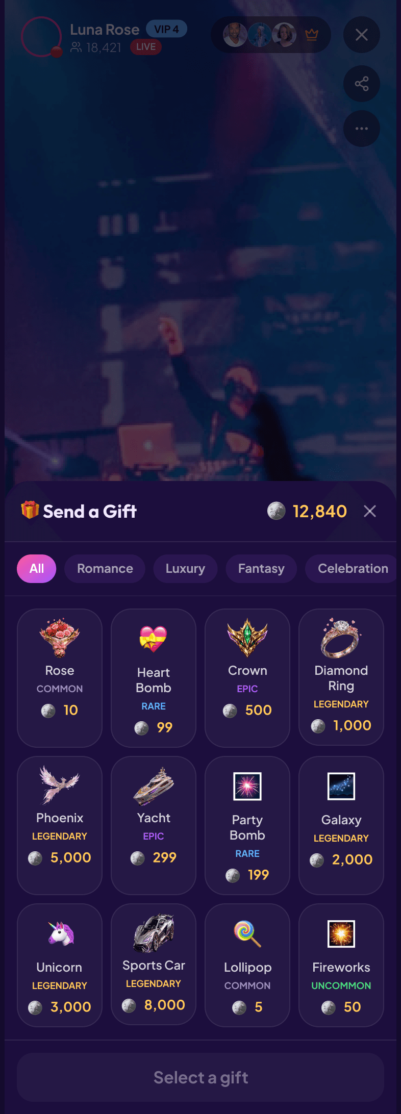 Velora live room with the gift sheet open, showing gift tiers and coin prices