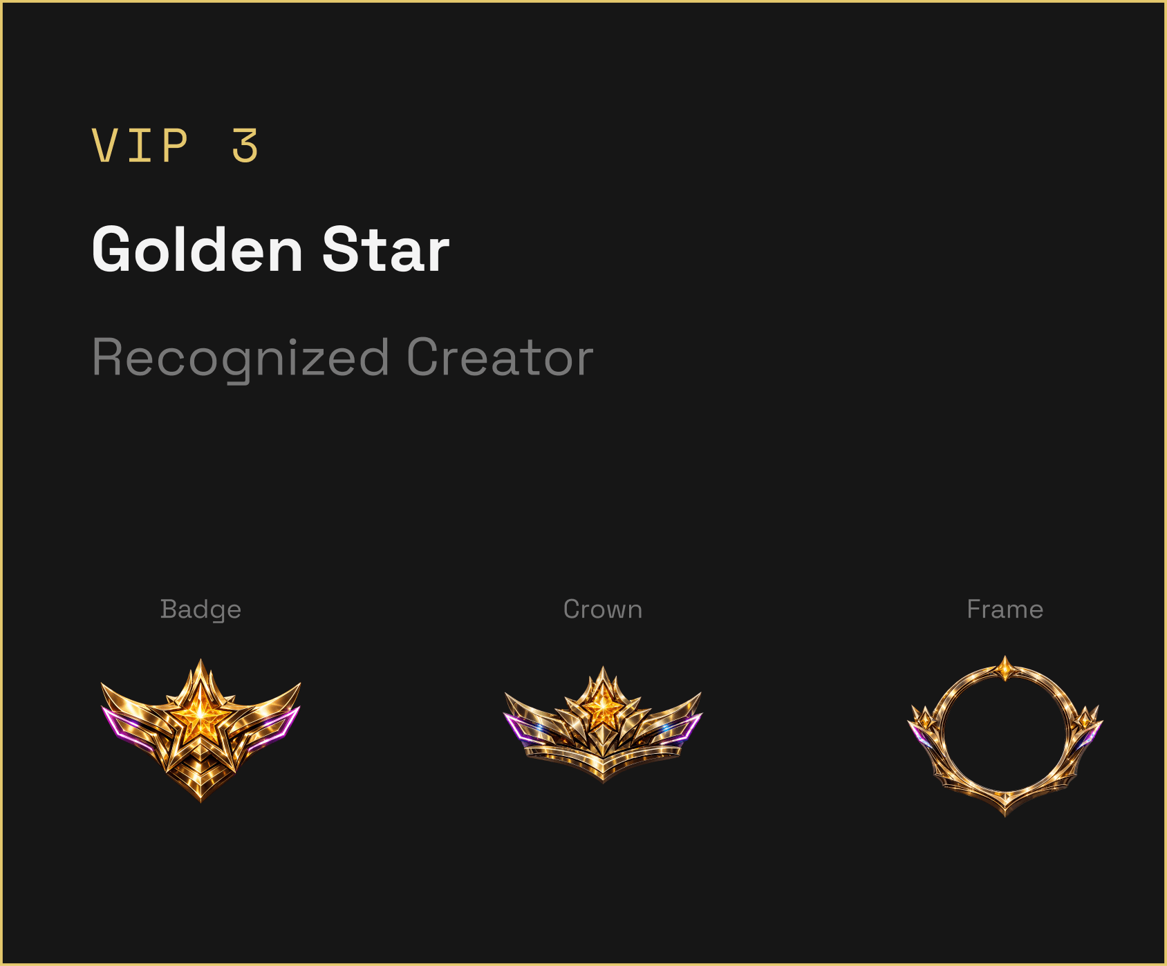 Velora VIP 3, Golden Star — badge, crown and frame artwork on a dark card