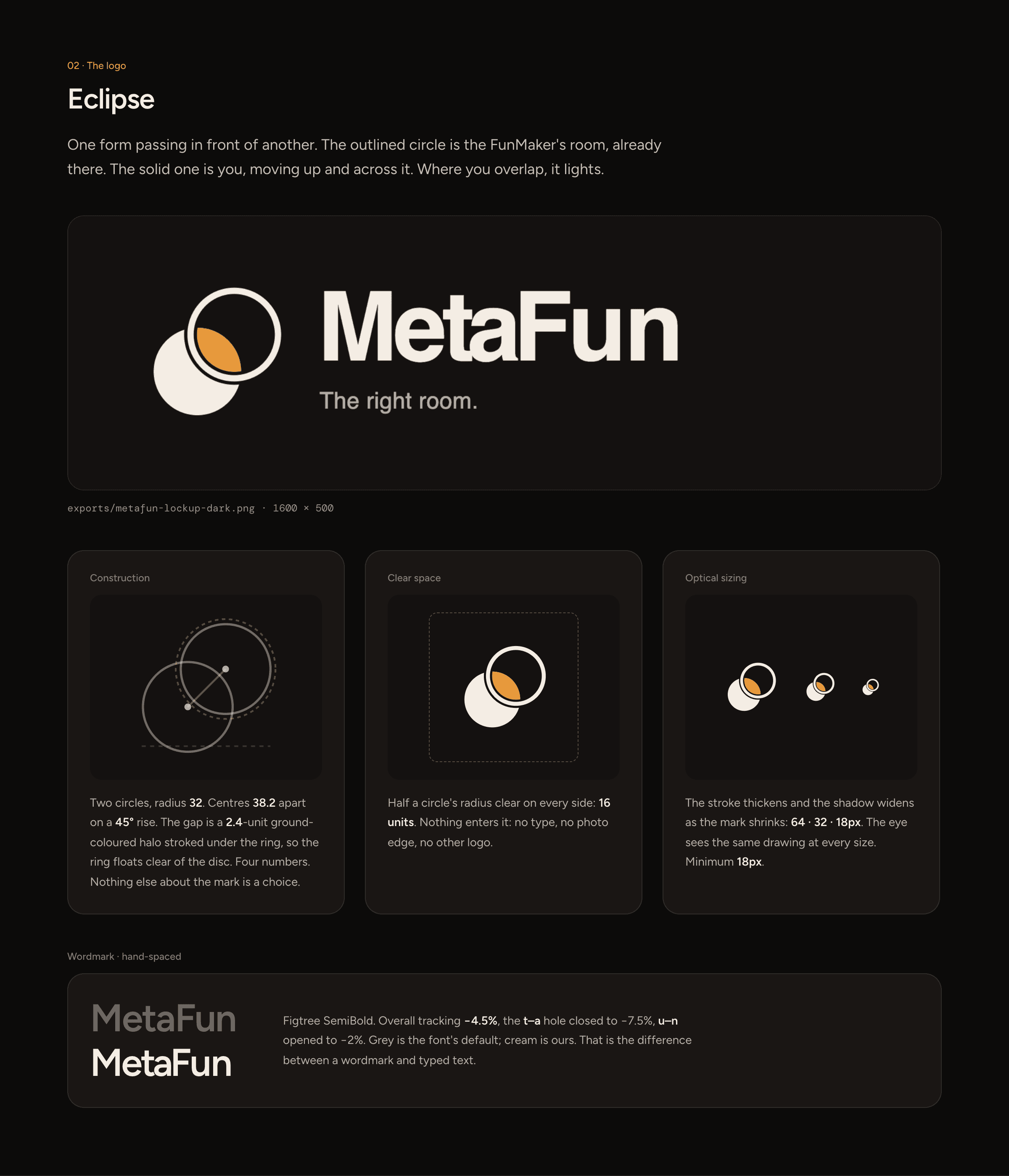 Brand book board for the Eclipse logo: the MetaFun lockup, its construction, clear space and optical sizing