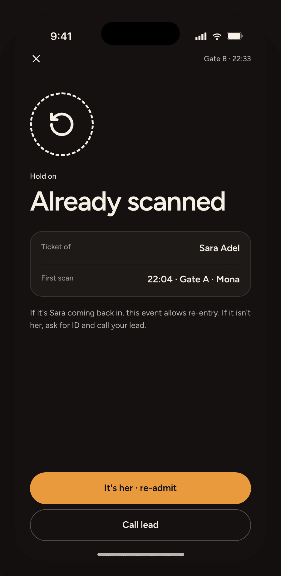 Scan result “Already scanned” with the first scan’s time and gate, and a button to re-admit