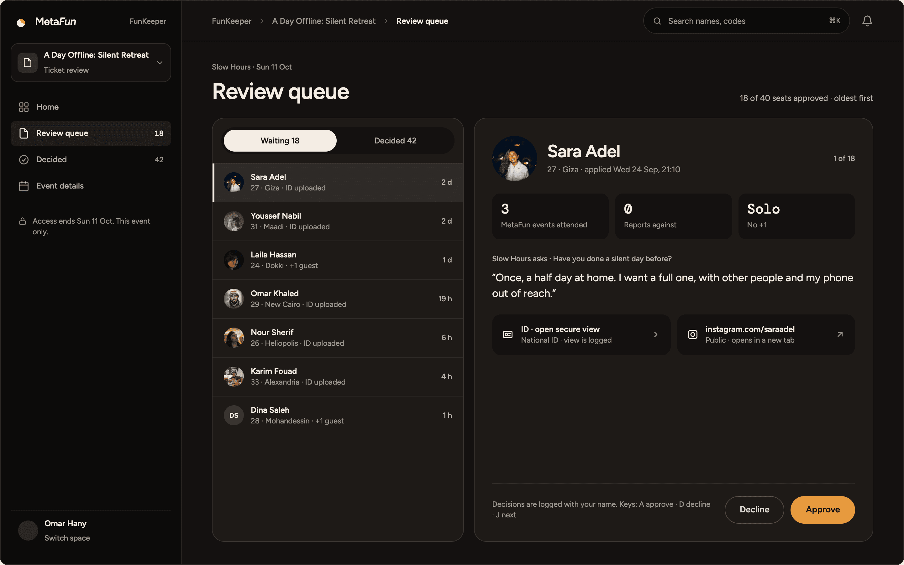 Desktop review queue: waiting applicants on the left, one applicant’s answer on the right, with Decline and Approve