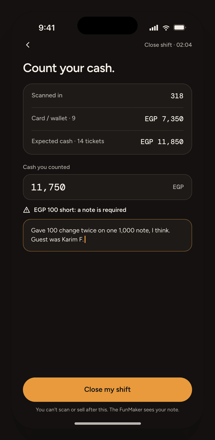 Shift close screen “Count your cash.” comparing counted cash with the expected total and asking for a note on a shortfall