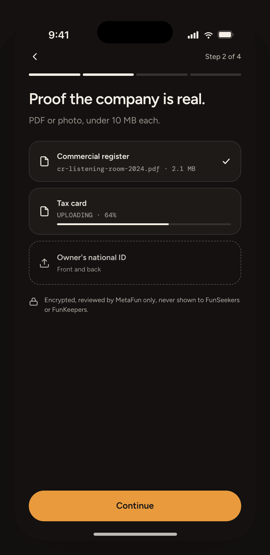 Organization step 2 of 4, “Proof the company is real.”, uploading a commercial register, tax card and owner’s ID