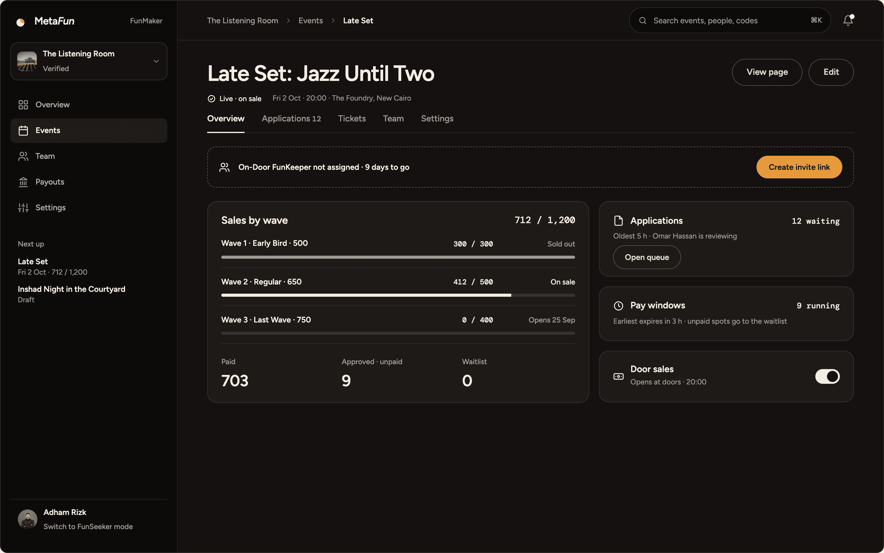 Desktop event overview for Late Set: sales by wave, applications waiting, running pay windows and a door-sales switch