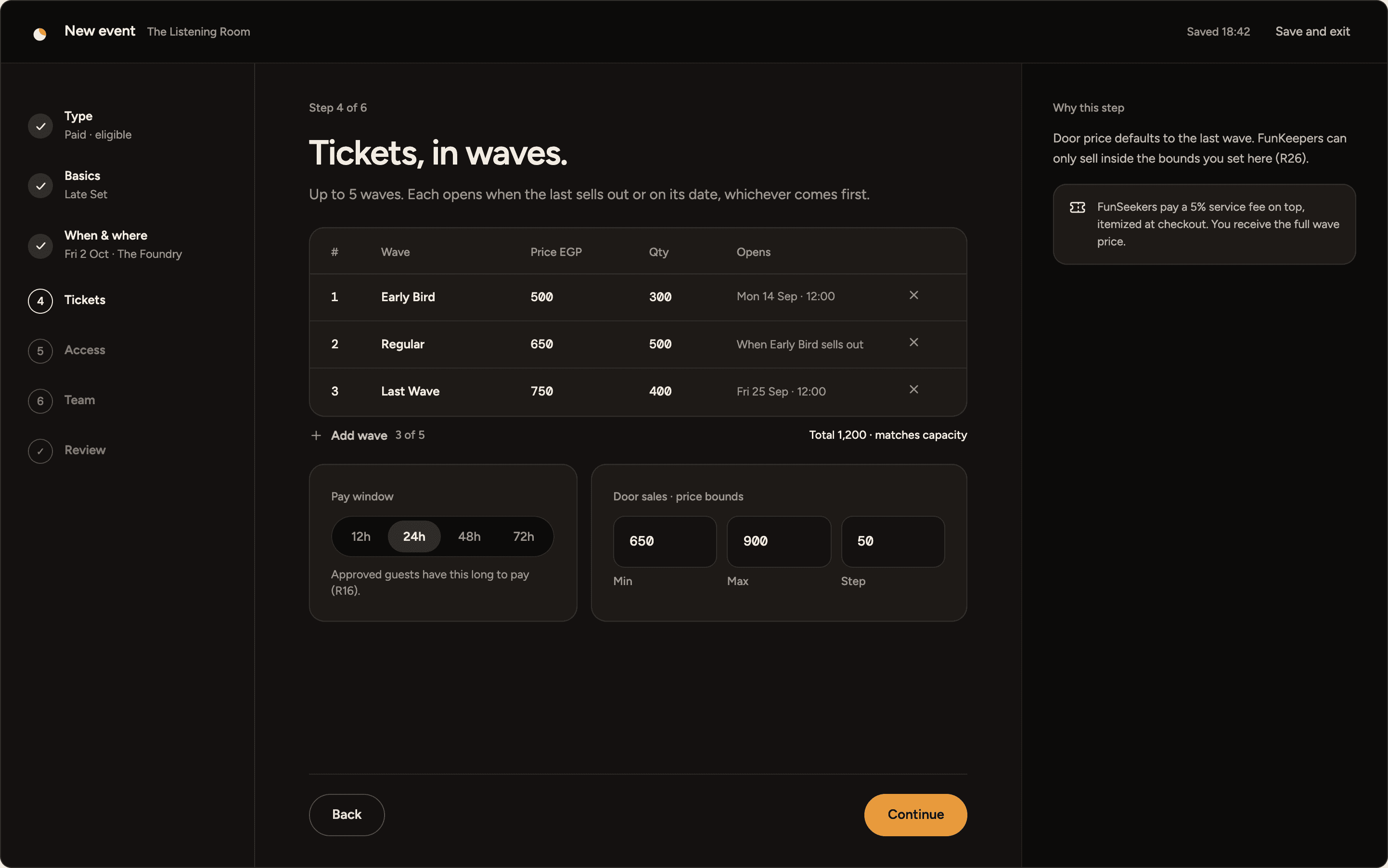 Event wizard step on desktop: three ticket waves with price and quantity, pay-window options and door-sale price bounds