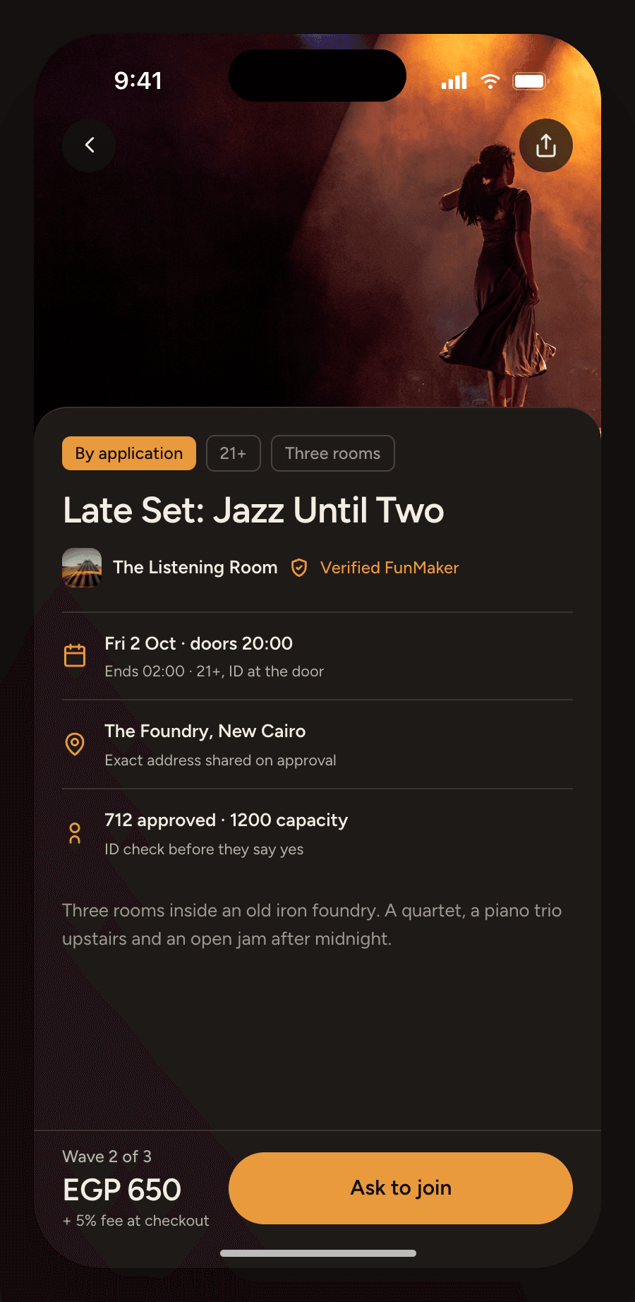Phone event page for Late Set: Jazz Until Two, with the wave 2 of 3 price, EGP 650, and an Ask to join button