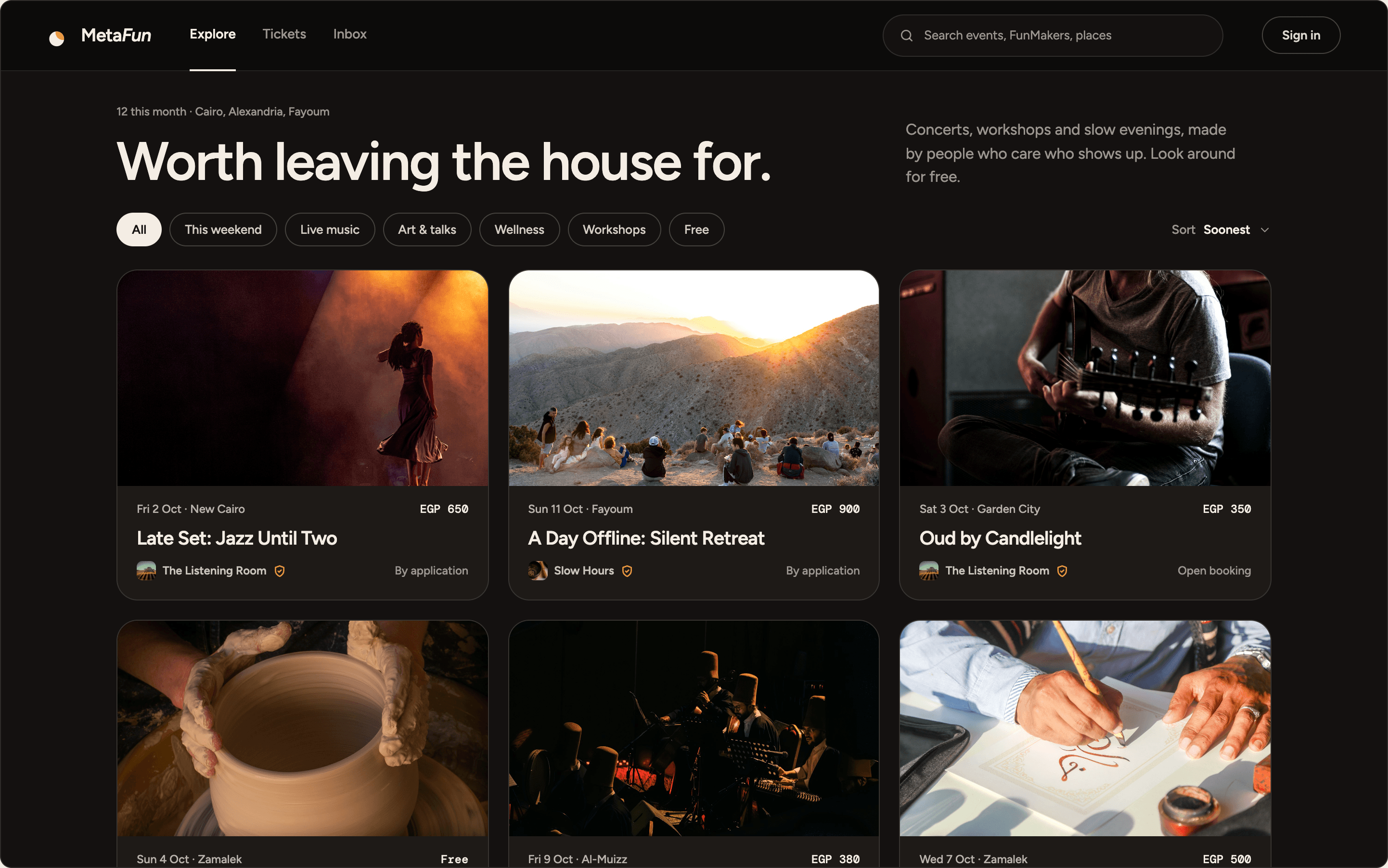 Desktop Explore page headed “Worth leaving the house for.”, with category filters and a grid of event cards
