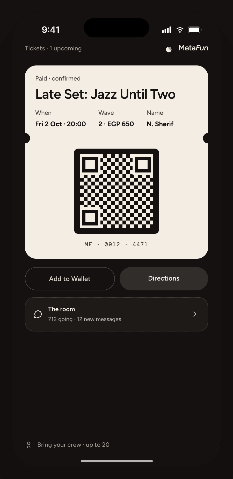 Paid ticket for Late Set: Jazz Until Two on a cream stub with a QR code, and buttons for Add to Wallet and Directions