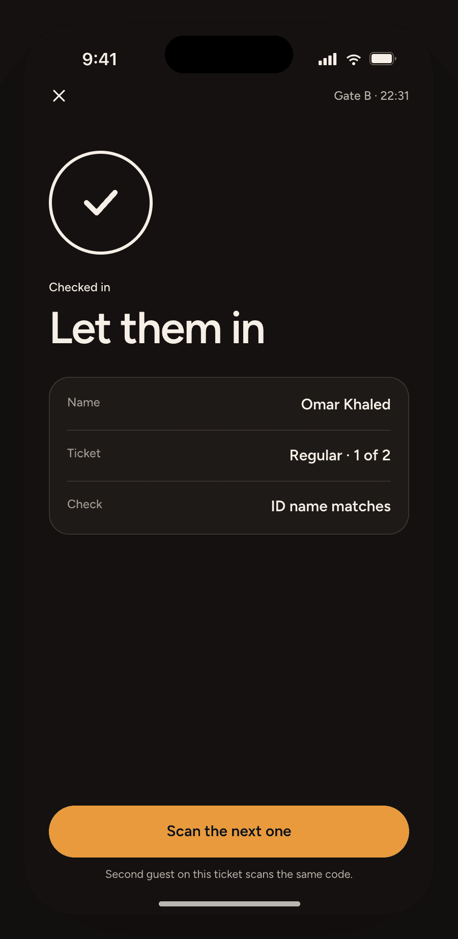 FunKeeper scan result reading “Let them in”, with the guest’s name, ticket and ID match