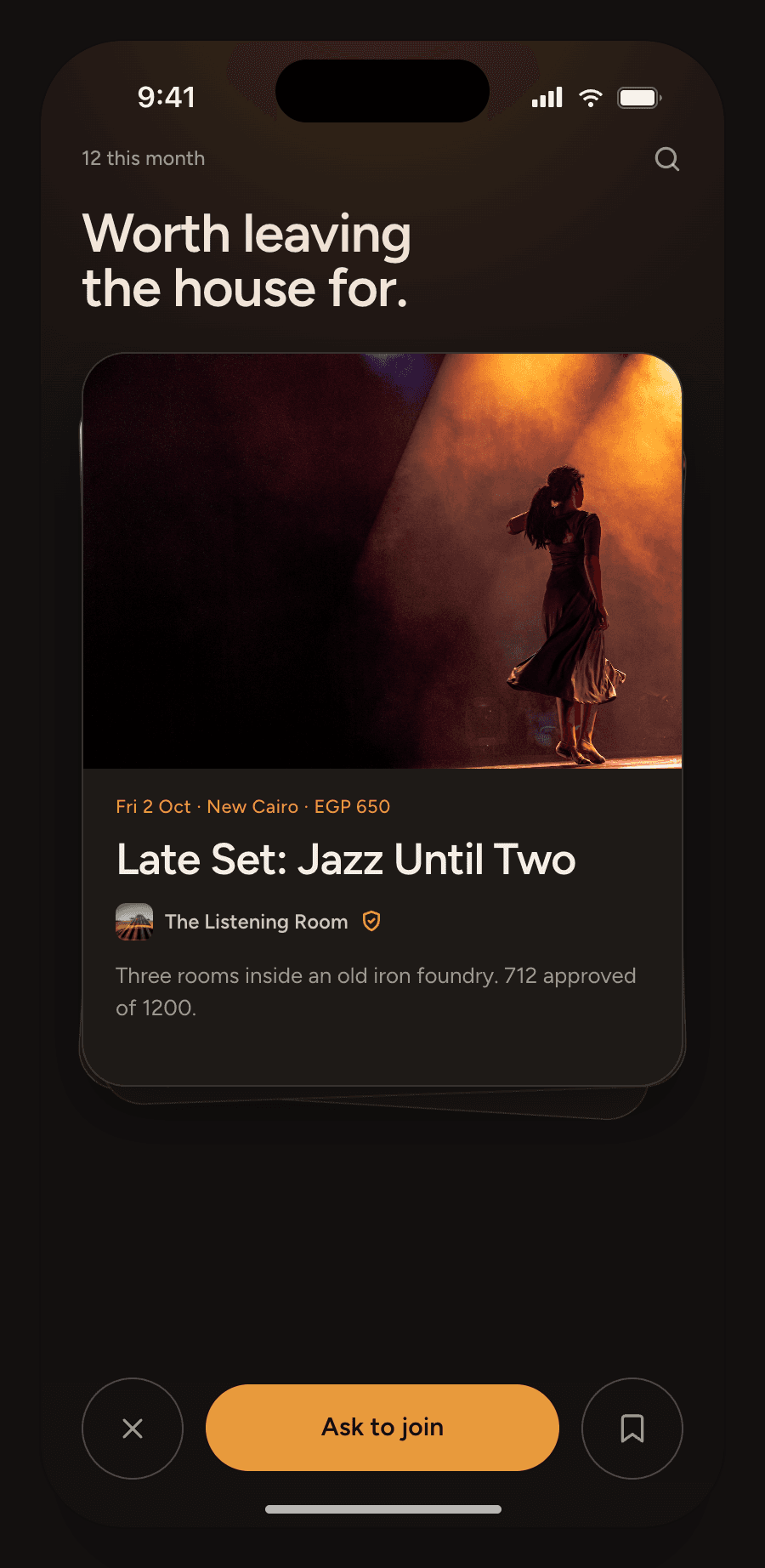 MetaFun Explore screen on a phone, headed “Worth leaving the house for.”, with an event card for Late Set: Jazz Until Two and an Ask to join button
