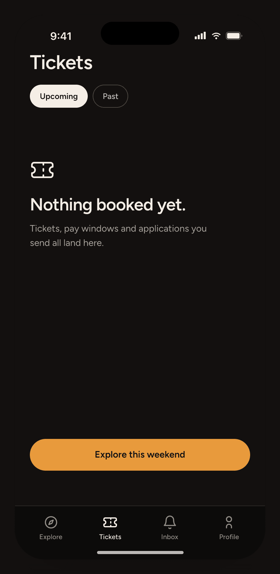 Tickets tab with no bookings: “Nothing booked yet.” and an Explore this weekend button