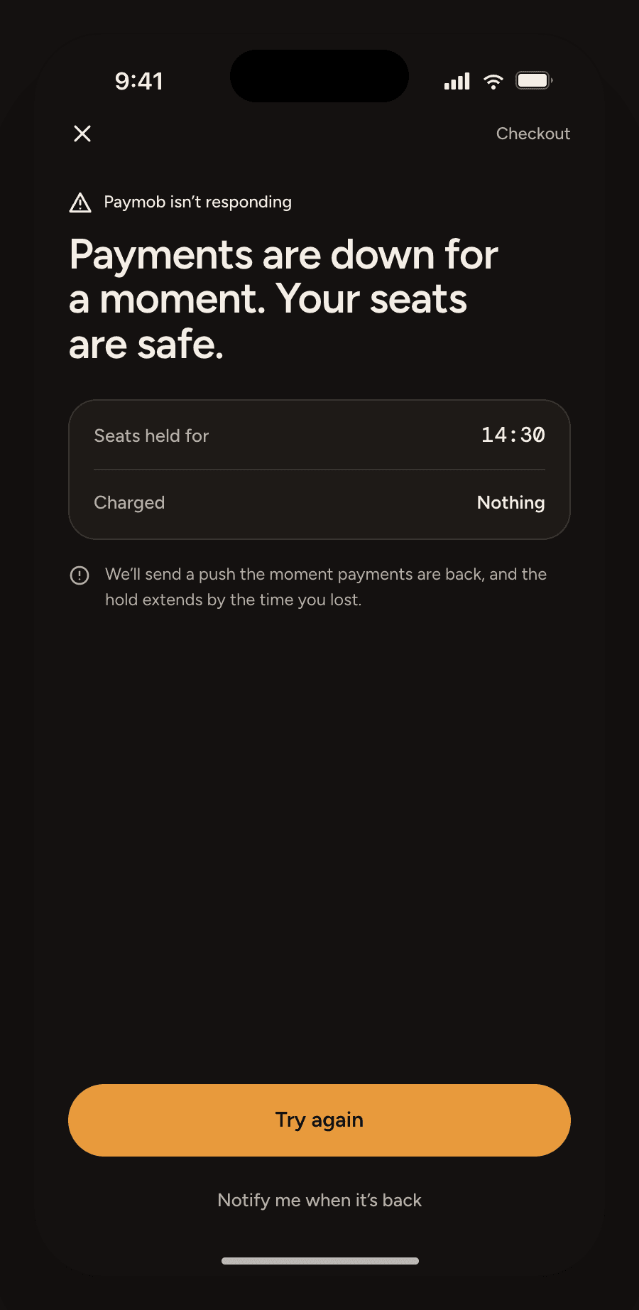 Error screen “Payments are down for a moment. Your seats are safe.” with a hold timer, nothing charged, and Try again