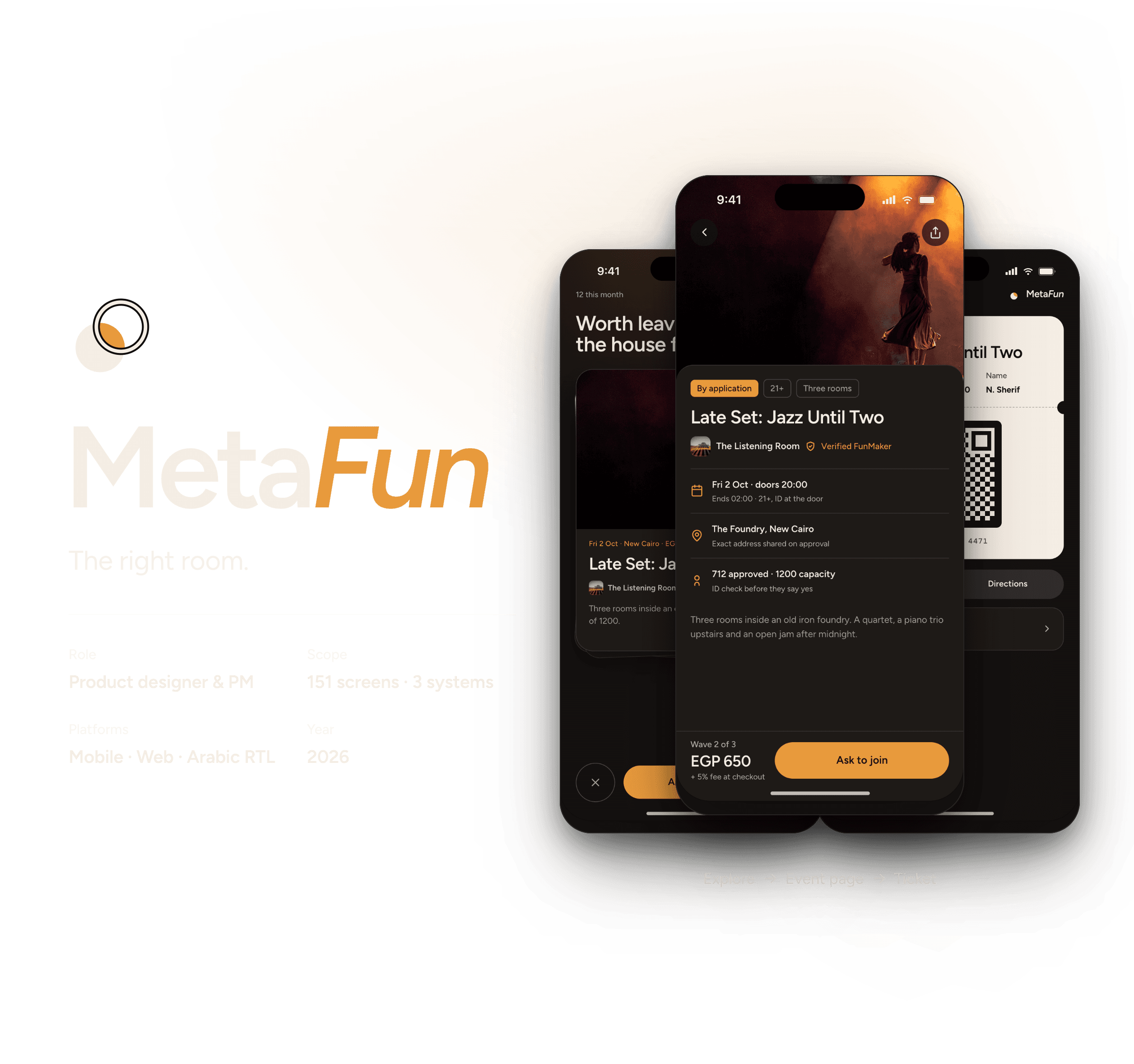 MetaFun title card: the Eclipse logo, the line “The right room.”, and three phone screens from Explore to event page to ticket