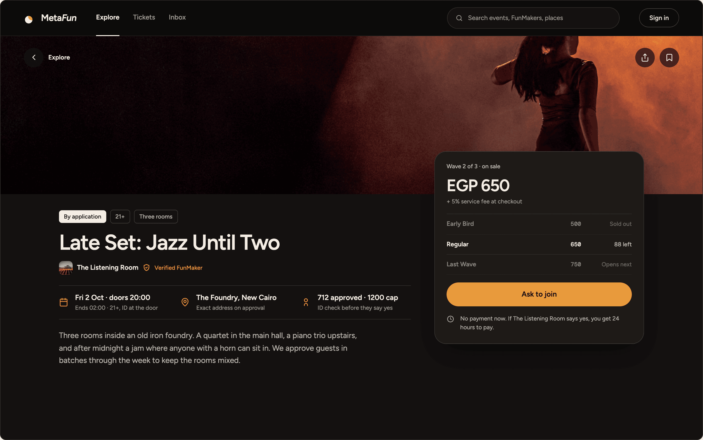 Desktop event page for Late Set: Jazz Until Two, with three ticket waves and an Ask to join action, open without signing in