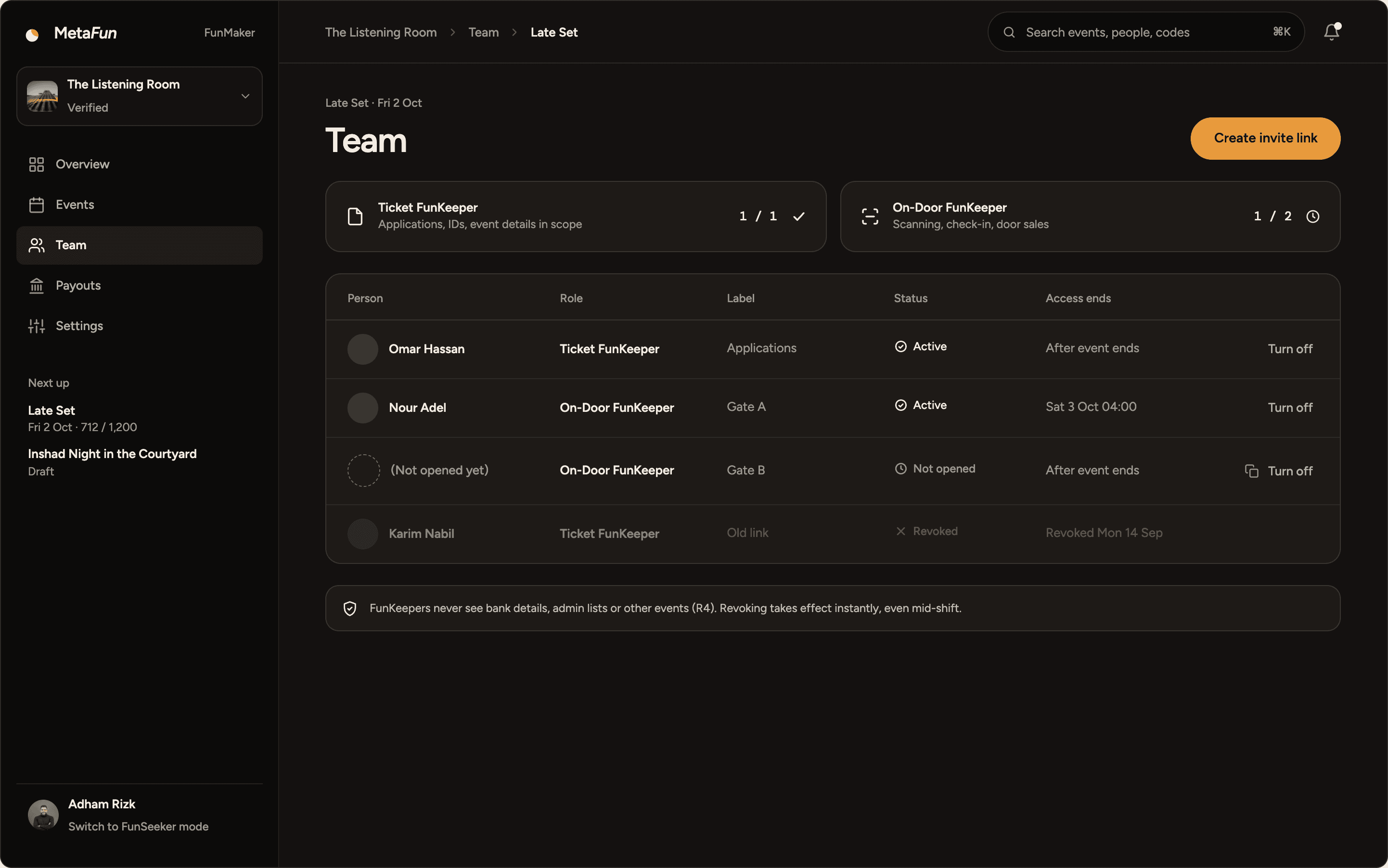 FunMaker Team page listing FunKeeper invite links by role, label, status and when access ends