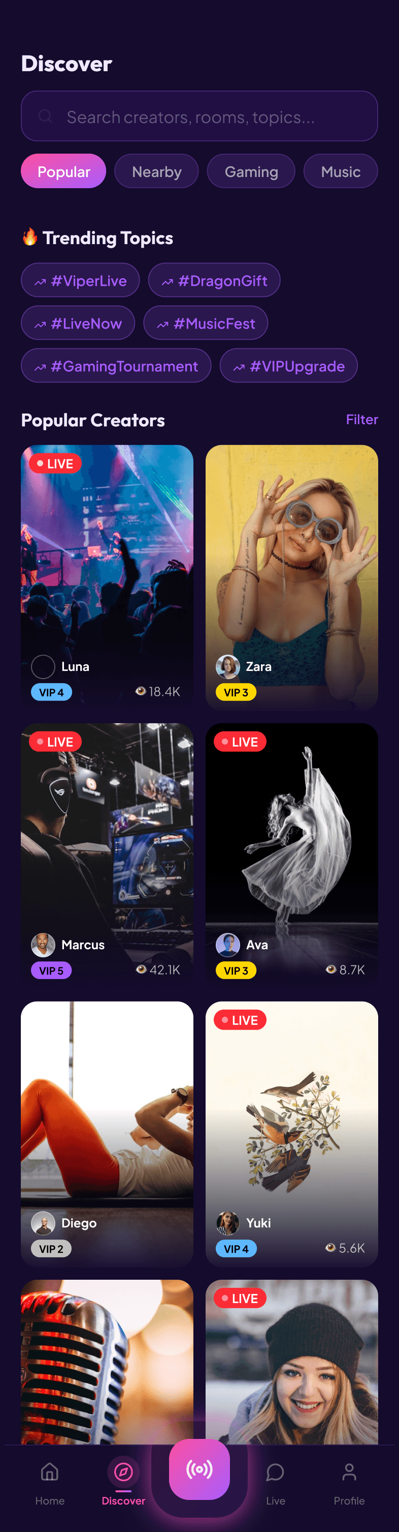 Velora discover screen showing live creators grouped by category