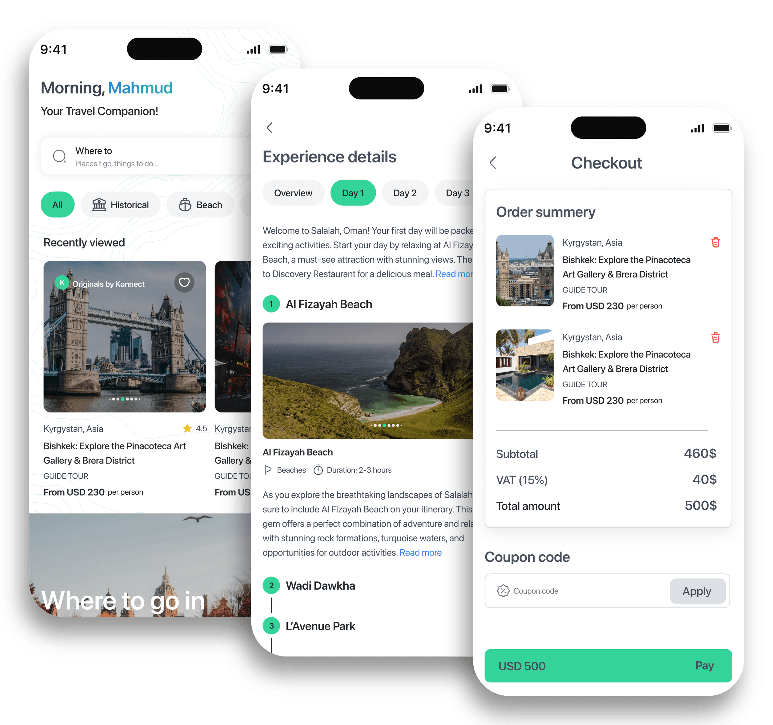 Three ViaKonnect screens as one flow: home discovery, experience details, checkout
