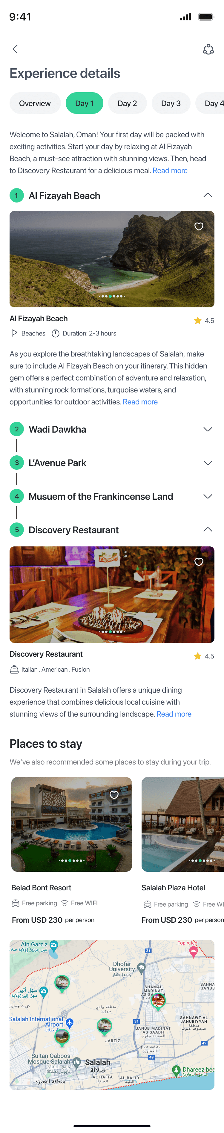 ViaKonnect experience details screen with itinerary and pricing