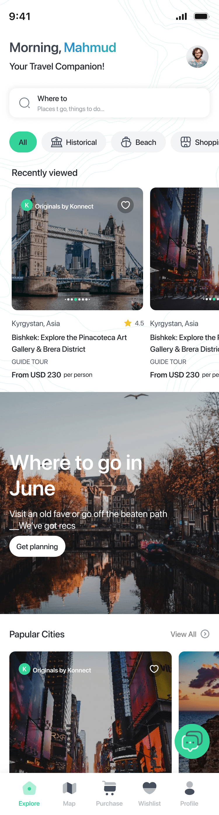 ViaKonnect mobile home screen showing travel guides and destinations
