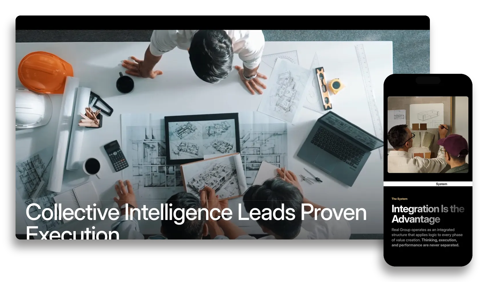 Real Group on desktop and mobile: the Collective Intelligence hero, and the assets and infrastructure story