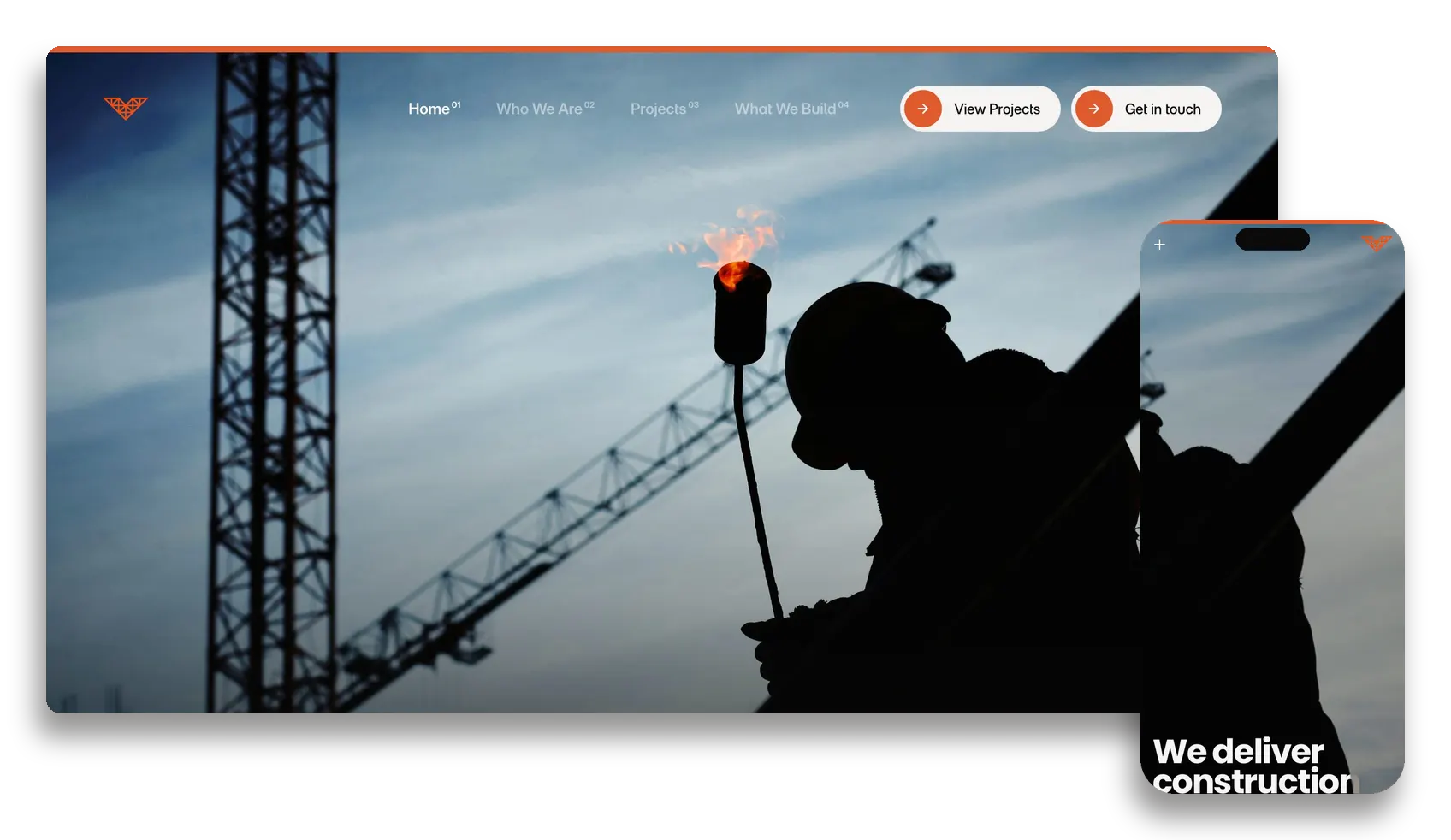 Value Construction on desktop and mobile: the welder hero, and project snapshots with partner logos